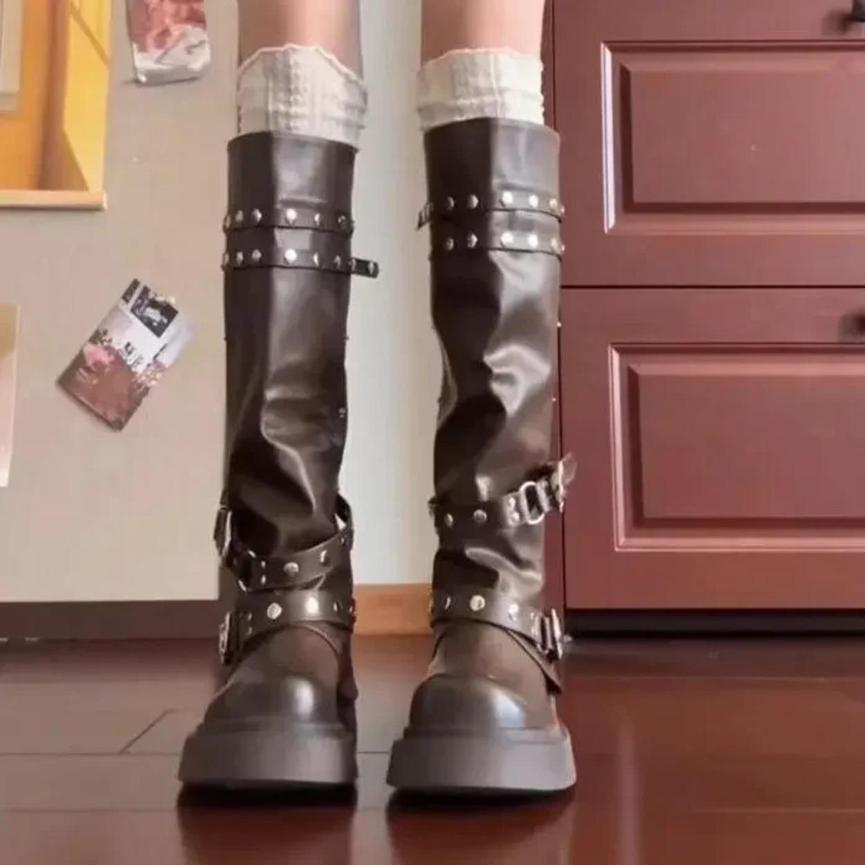 

Жіночі західні чоботи-ковбойки, модні осінні чоботи до коліна, жіночі довгі чоботи з штучної шкіри в стилі панк, жіночі чорні брюки з шипами 40 коричневий