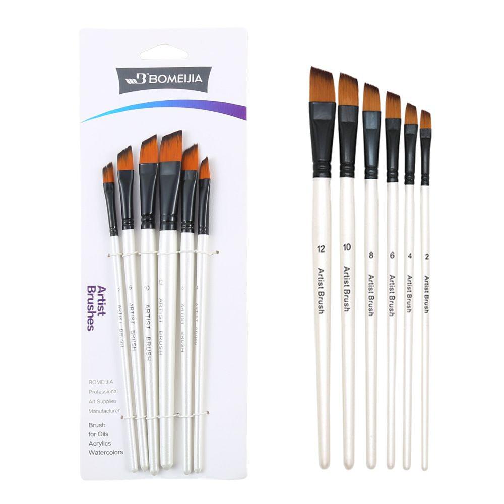 Six-Piece Nylon Hair Paintbrush Set with Pointed and Flat Heads for Acrylic, Watercolor, and Oil Painting - Pearlescent White