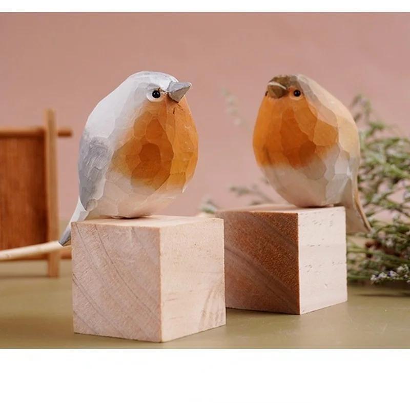 Handmade Carving Wooden Bird Figurine Small Cute Sparrow Bird Statue Home Decor Figurine Art Decoration Miniature Birds Model