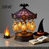 Creepy Halloween Table Light Ghost Carousel Light, Night Gothic Stained Glass Shade Horror Themed with Floating Ghosts/Pumpkins, Spooky Lamp
