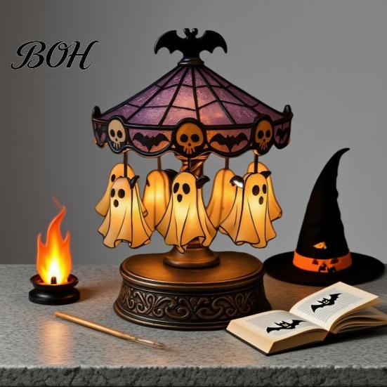 Creepy Halloween Table Light Ghost Carousel Light, Night Gothic Stained Glass Shade Horror Themed with Floating Ghosts/Pumpkins, Spooky Lamp