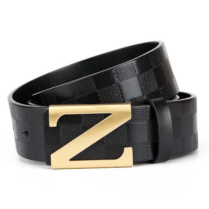 Men's Youth Plaid Leather Belt with Z Copper Buckle - Genuine Cowhide, Easy to Wear