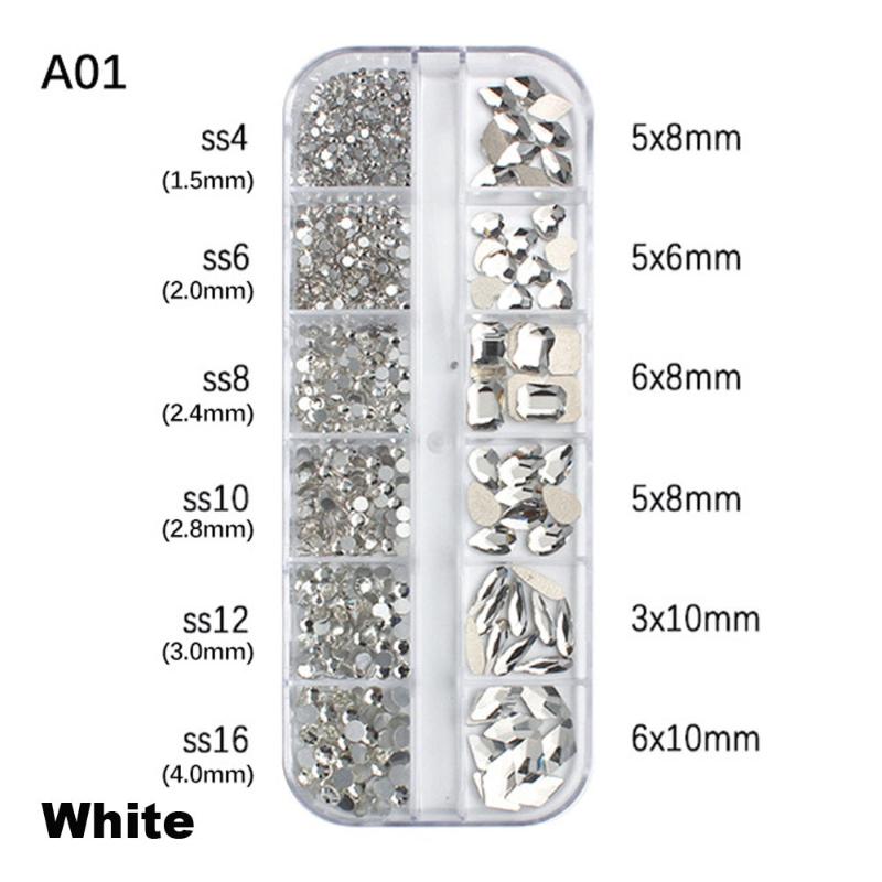 12-Grid 3D Nail Art Rhinestones Set Super-Shiny Flatback Adhesive Rhinestones for DIY Decorative Nail Art Multiple Shapes