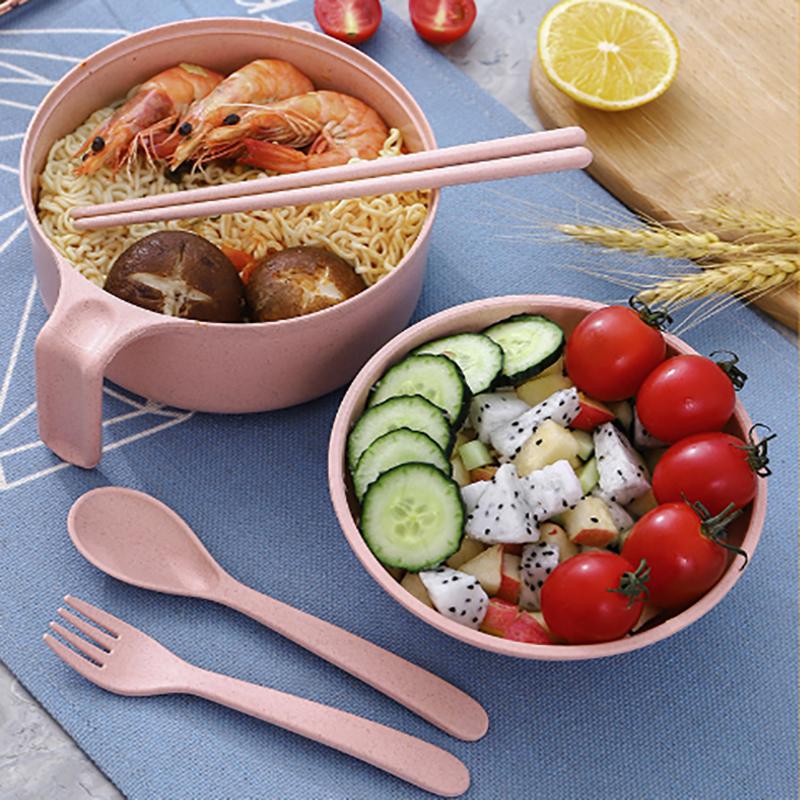5Pcs Wheat Straw Multifunctional With Lid Bowl Spoon Fork Chopsticks Eating Dinnerware Set Anti- Bowl Microwavable Bowl