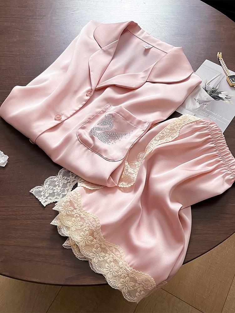 

2025 Spring/Summer Women s Silk Pajama Set: Lace Short Sleeve Top with Shorts/Long Pants M