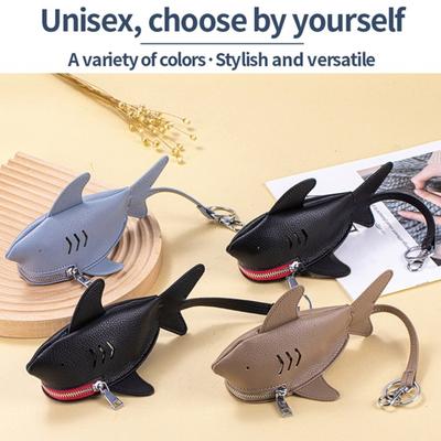 Leather Shark Key Bag Cute Shark Shape Car Key Bag Backpack Charm Shark Pouch with Keyring And Lanyard Zippered Coin Purse for Earphones Coins