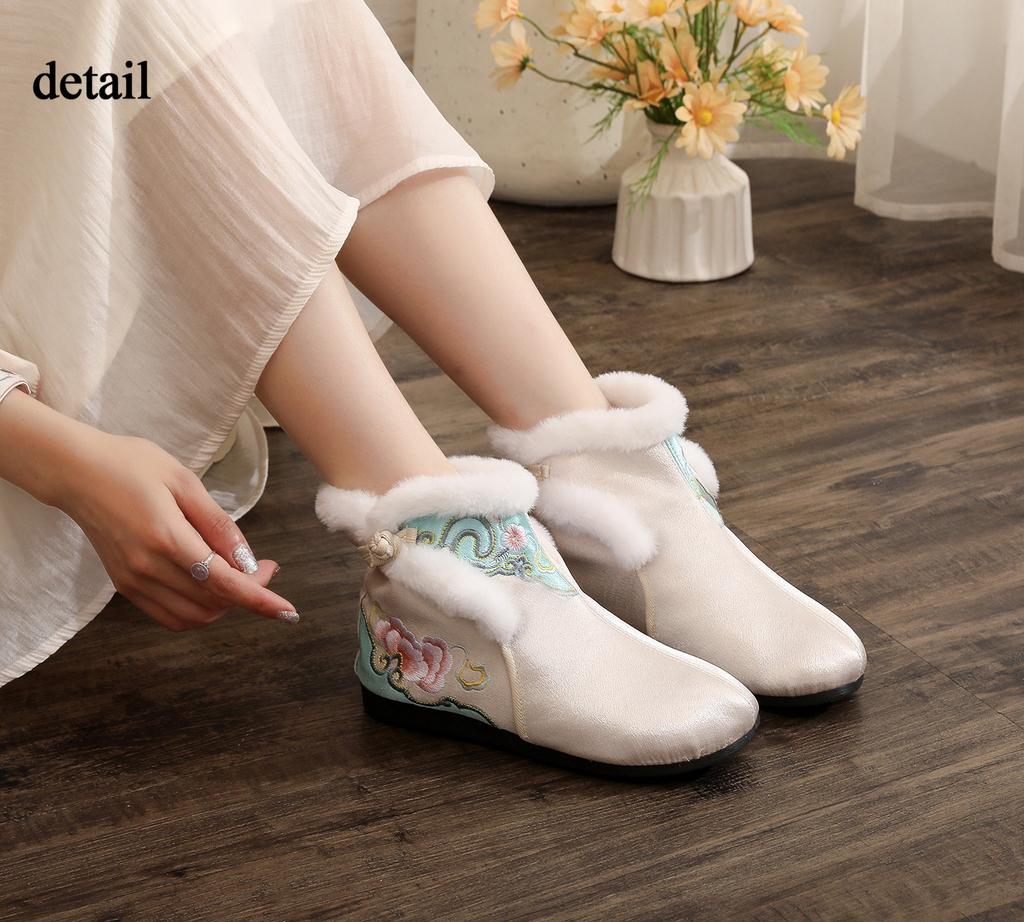 Winter Warm Snow Boots for Women Fuzzy Slip On Faux Fur Lining Ankle Booties Shoes Women's Comfortable Embroidered Fleece Lined Walking Short Boots