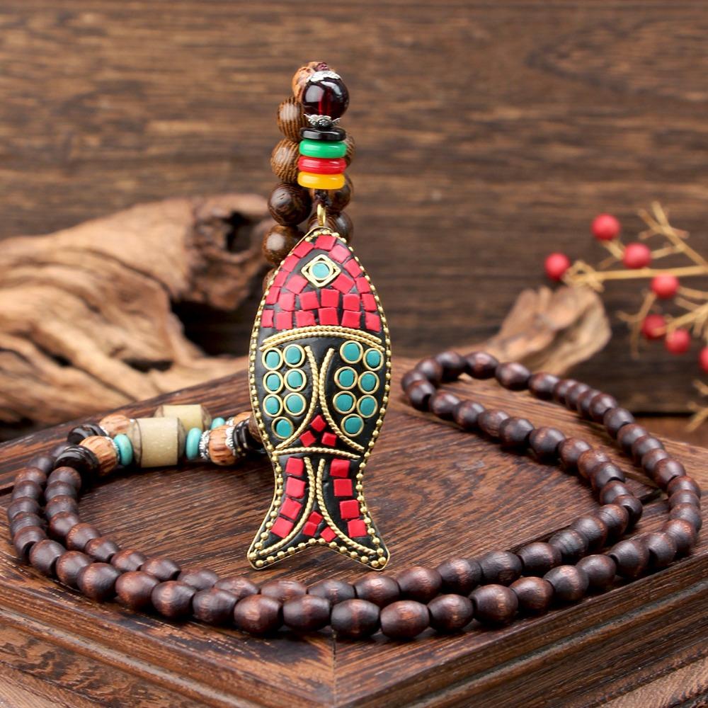 Wood Pendant Necklace Resin Long Beaded Necklace New Wooden Bead Necklace