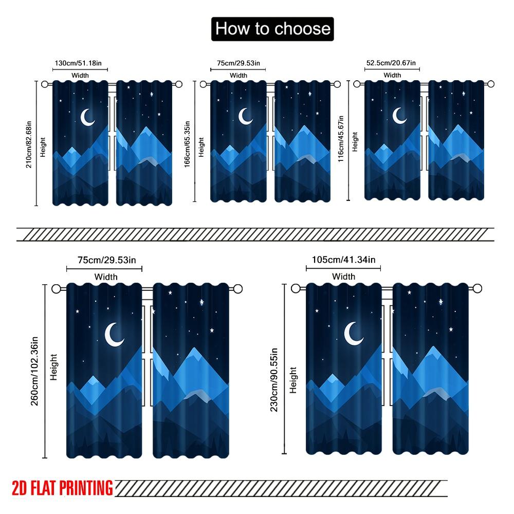 2pcs,2D Plane Printing Curtains&Window Treatment Crescent Moon Over Mountains Versatile Polyester Fabric (without Rod)
