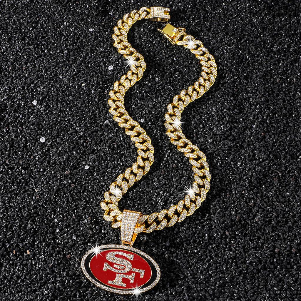 Iced Out San Francisco 49ers Charm Necklaces Bling Cuban Chain Hip Hop Men Women Alloy Gold Plated Rhinestone Pendant