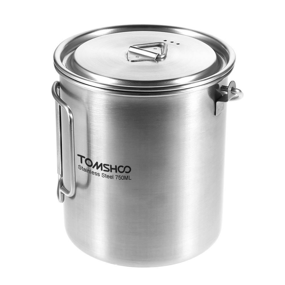 TOMSHOO 750 ml Edelstahl-Topf, tragbarer Wasserbecher, Tasse mit Deckel und faltbarem Griff, Outdoor, Camping, Kochen, Picknick