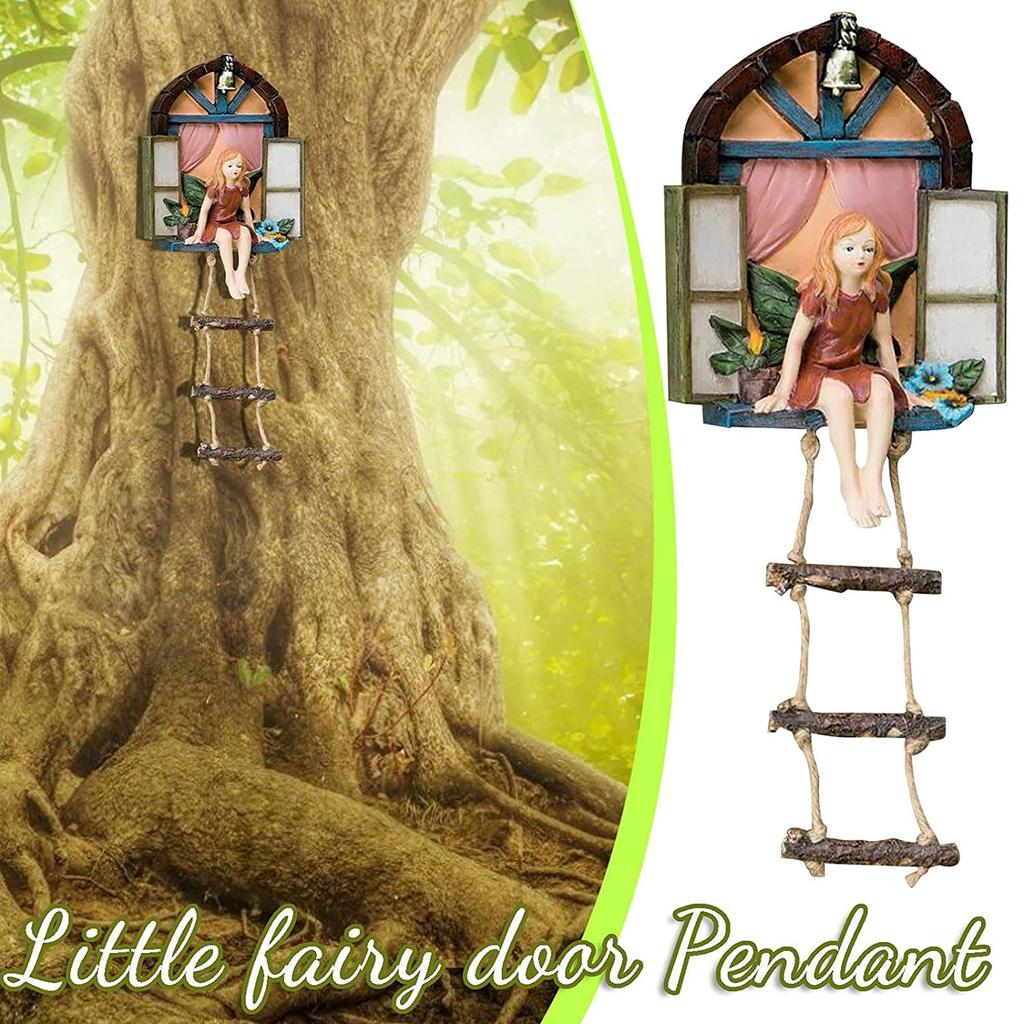 Fairy House Tree Hanging Figurine Window Sitting Fairy Ladder Resin Craft Statue Outdoor Ornament for Home Garden Yard Art Decor