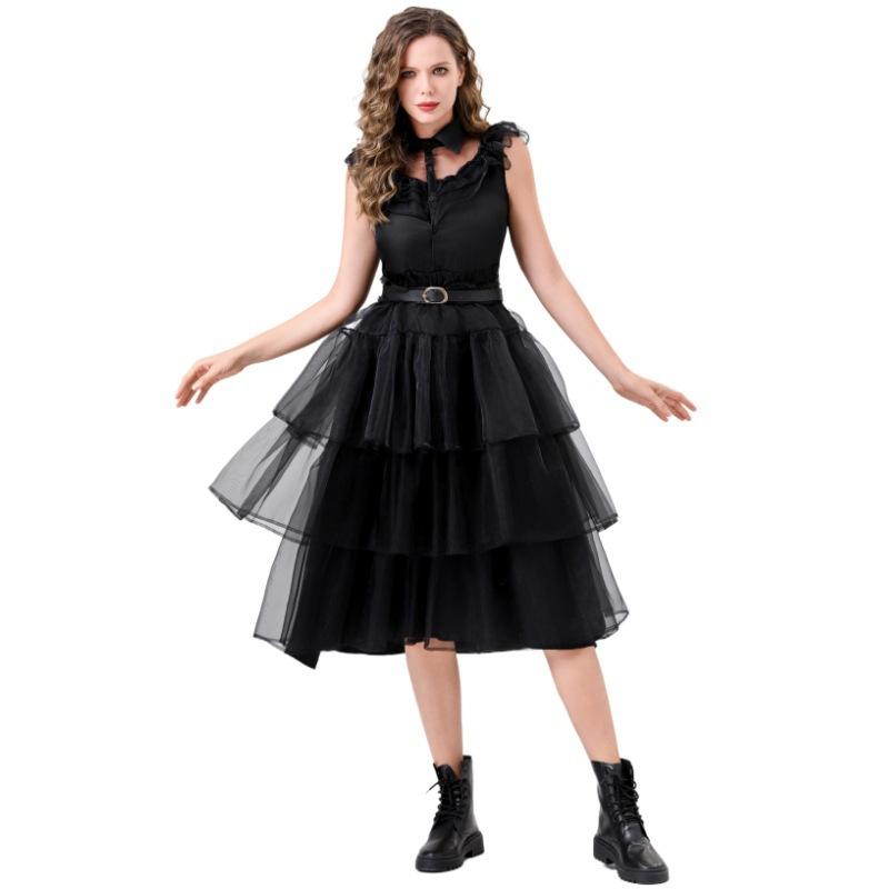 

Adult Female Adams Family Wednesday Black Dress Veil Play Prom Costume S
