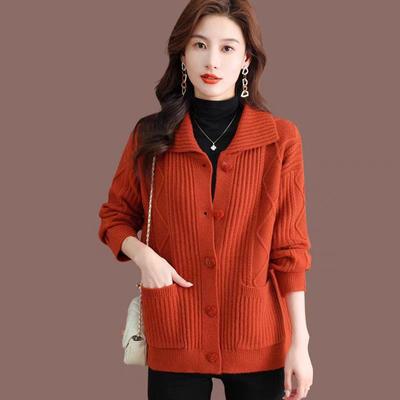 Autumn Winter Solid Chic Button Turn Down Collar Sweater Coat Women Fashion Elegant Commute Wool Knitted Cardigan