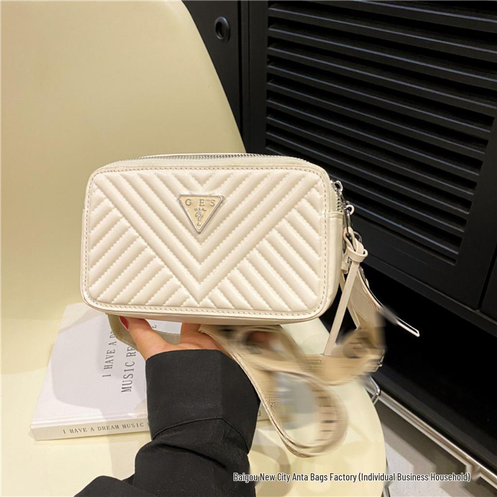 Trendy Solid Color Camera Bag with Diamond Lattice, Wide Strap & Letter Design - Women's Crossbody & Single Shoulder