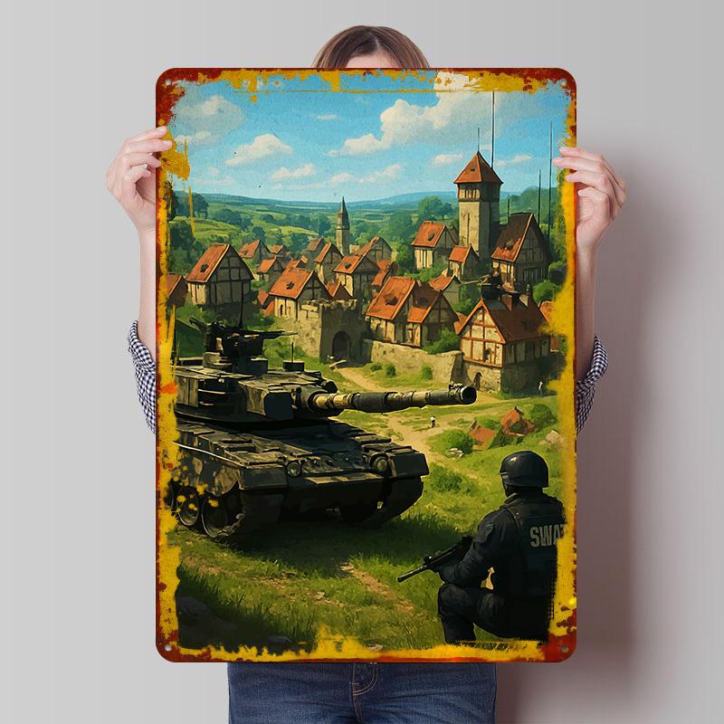 Tank and SWAT Medieval Village Tinplate Poster Customized Wall Art Vintage Retro Metal Signs for Home Decor Living Room Man Cave