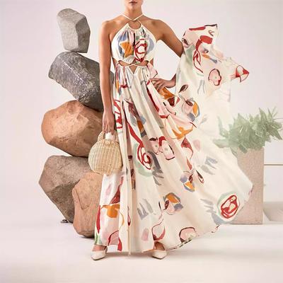 Women's Beach Skirt Printed Dress with Hanging Neck and Large Hem Off Shoulder Beach Long Skirt Sexy Backless Sundress