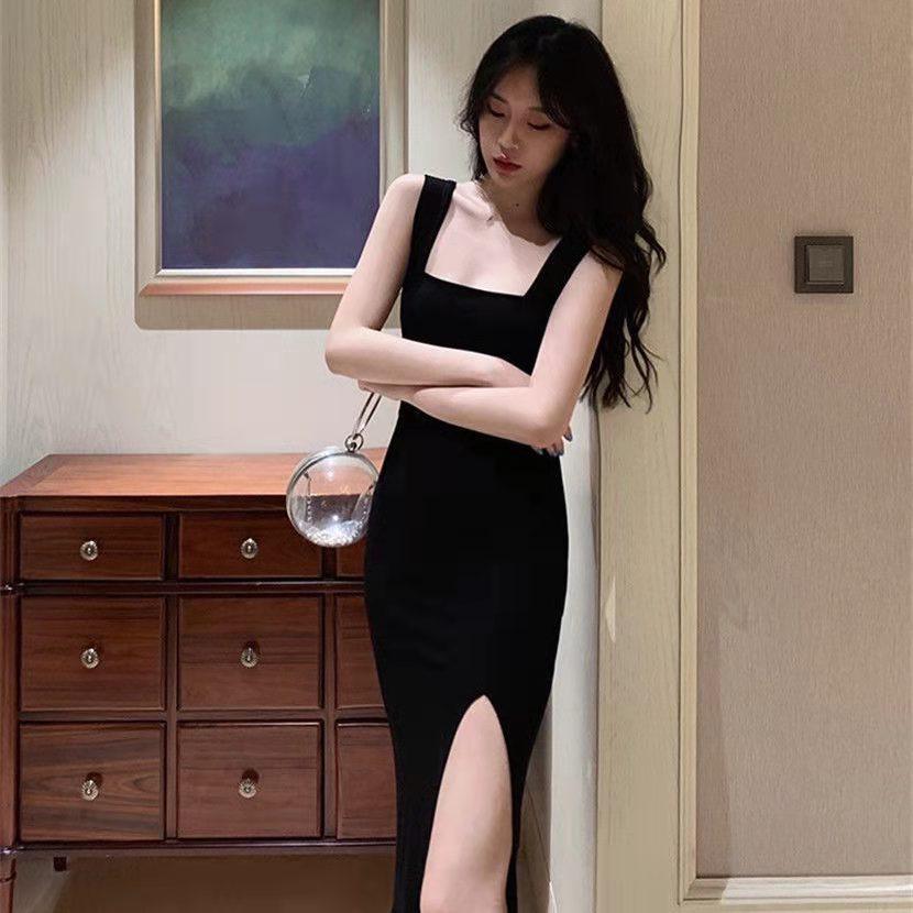 2024 Sexy One-Shoulder Black Suspender Skirt with Slit