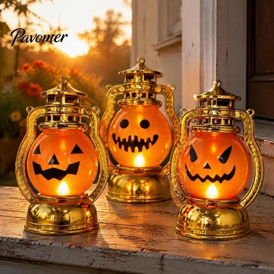 Durable Plastic Lamp Halloween Pumpkin Lantern, Flickering LED Lamp, Vintage Handheld Spooky Night Decor Oil for Tabletop Indoor Outdoor Party