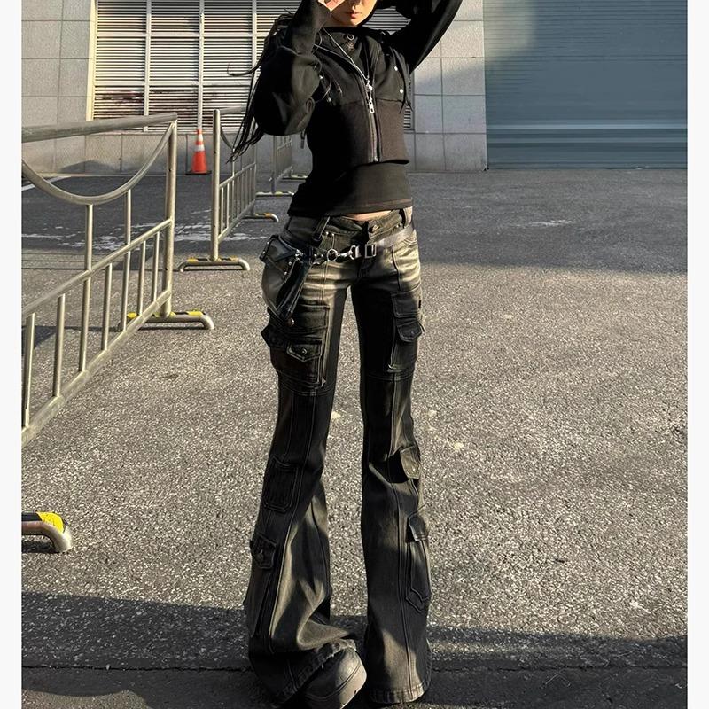 Black Low Waist Cargo Jeans Distressed Whiskers Multi-pocket Stretch Bootcut Pants Women Retro Grunge Streetwear