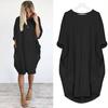 Women Casual Solid Color O Neck Long Sleeve Pockets Knee-length Baggy Dress