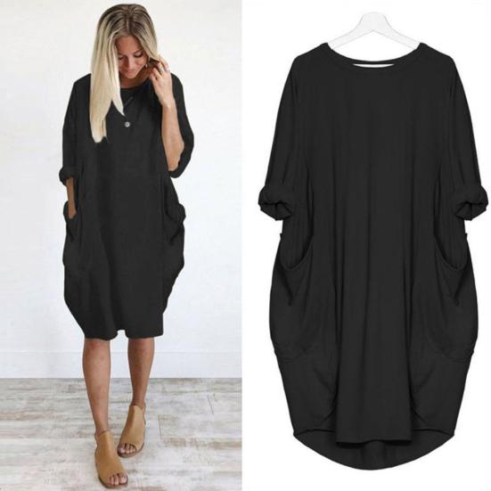 Women Casual Solid Color O Neck Long Sleeve Pockets Knee-length Baggy Dress