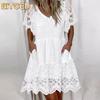Fashion Summer Spring Solid Color Print Short Sleeve V-Neck Casual Dresses