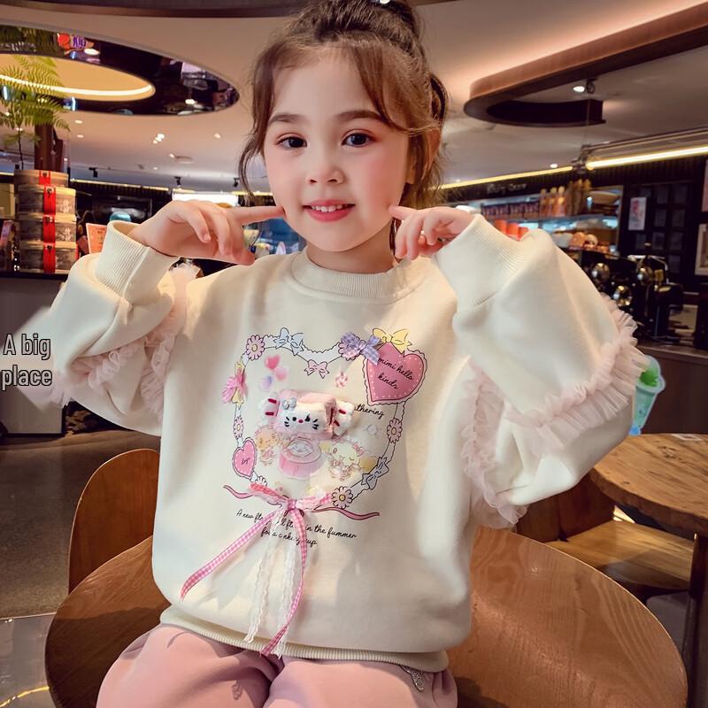 Mimiha Lu Girls' Fleece-Lined Cartoon Print Round Neck Sweatshirt
