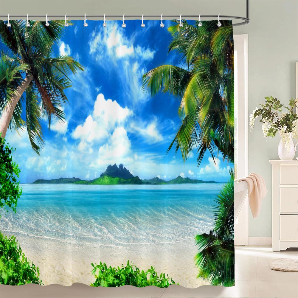 High Quality Sunny Beach Printed Fabric Shower Curtains Sea Scenery Bath Screen Waterproof Products Bathroom Decor with 12 Hooks