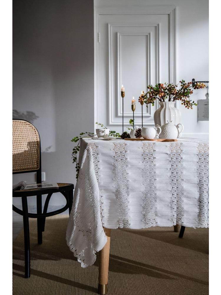 French Retro Jacquard Lace White Tablecloth Household Rectangular Coffee Table Dining Table Fabric Hollow