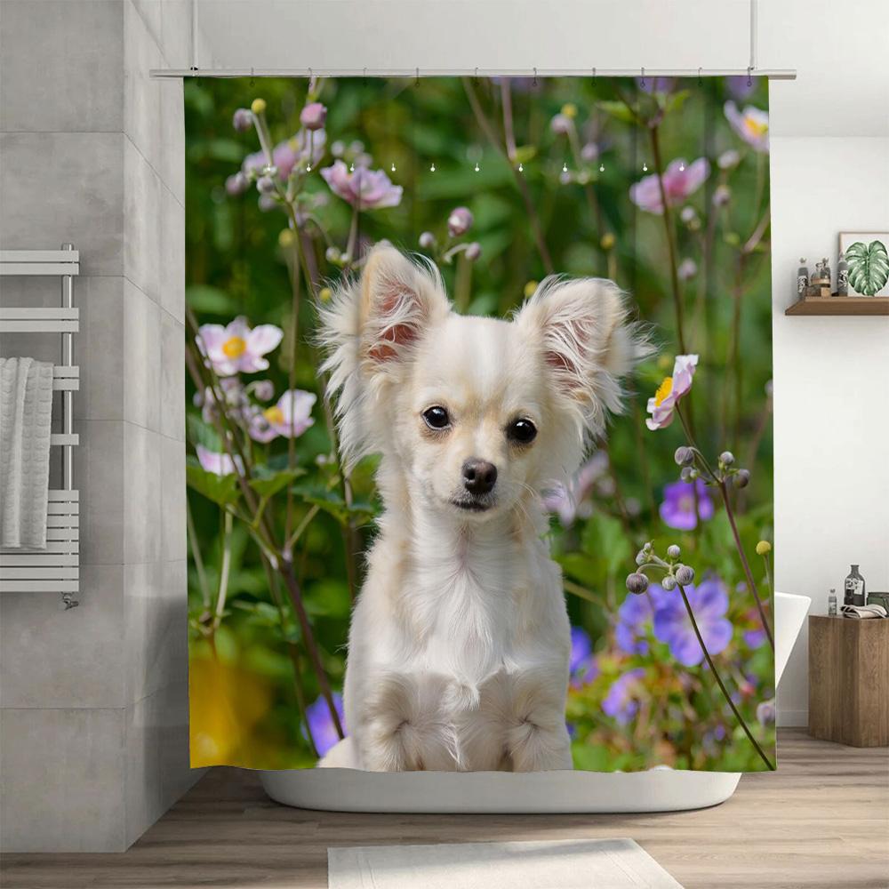 3D Printed Shower Curtain with Flower Pattern for Bathroom Decor White Pomeranian Dog Print Water-resistant Fabric Shower Curtai