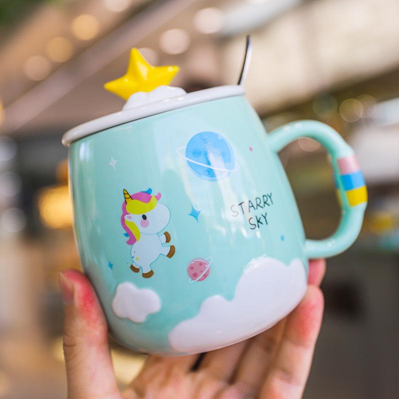 450ml Creative unicorn Ceramic Mug With Lid and Spoon Cartoon Milk Coffee Tea Cup Porcelain Mugs Nice Gifts Drop shipping