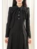 Hepburn Style Black Waist-Defining Gothic Long Dress with Peter Pan Collar