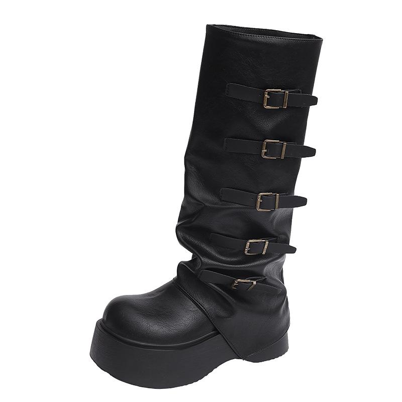 

Winter Designer Splicing Round Toe Women Knee High Boots Fashion Platform Thick Heels Shoes De Mujer 35