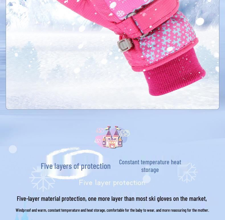 New Windproof Girls' Ski & Cycling Gloves: Warm, Waterproof, Anti-slip, Cute Cartoon Design for Kids & Babies