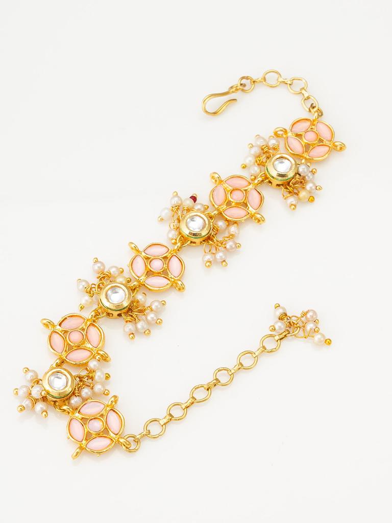 Gold-Plated White & Peach Stone-Studded & Beaded Handcrafted Bracelet