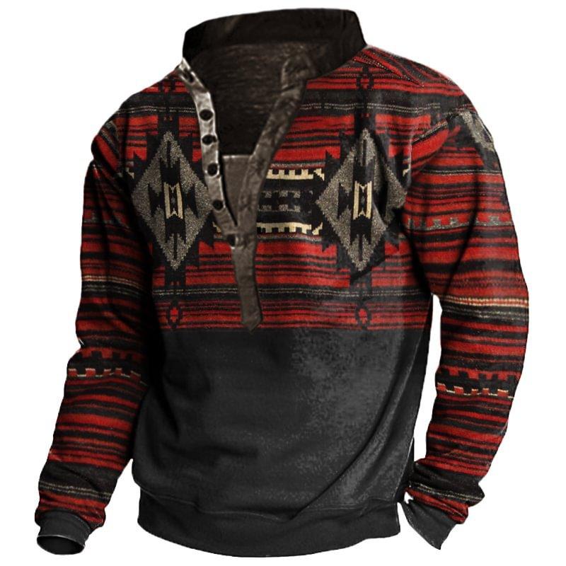 Ethnic Tribal Print Long Sleeve Polo, Vintage Casual Style