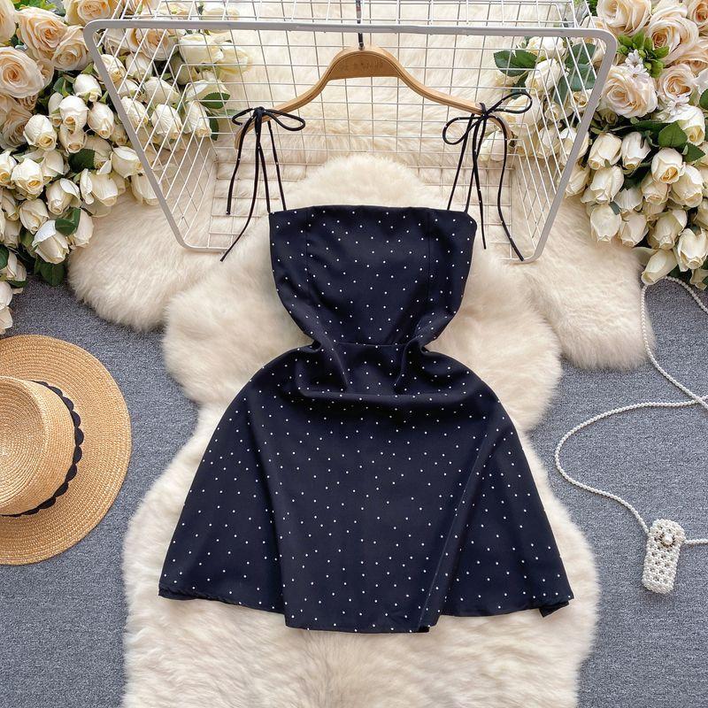 

Милое платье-сарафан в горошек, женская мода, лето, девчачий стиль, облегающее, короткая юбка для отпуска, маленькая А-силуэтная юбка Black L