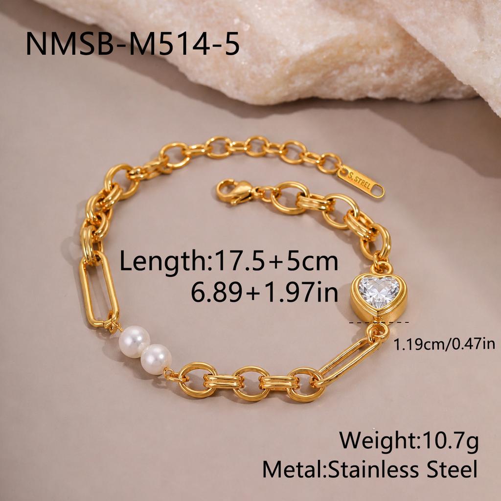Gold Plated Adjustable Geometric Jewelry Heart Shaped Zircon Paperclip Charm Bracelet Stainless Steel Baroque Pearl Bangle