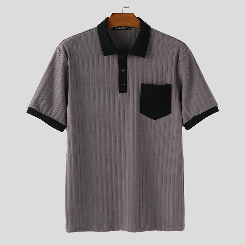 

INCERUN Мужские повседневные футболки с коротким рукавом и отложным воротником, сшитые в рубчик M серый