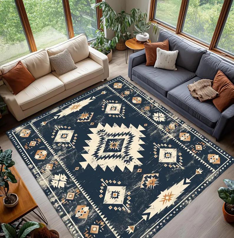 American Native Indian Pattern Carpet Mat Rug Home Decor Vintage Ethnic Style Floor Area Rug Living Room Bedroom Dark Geometric