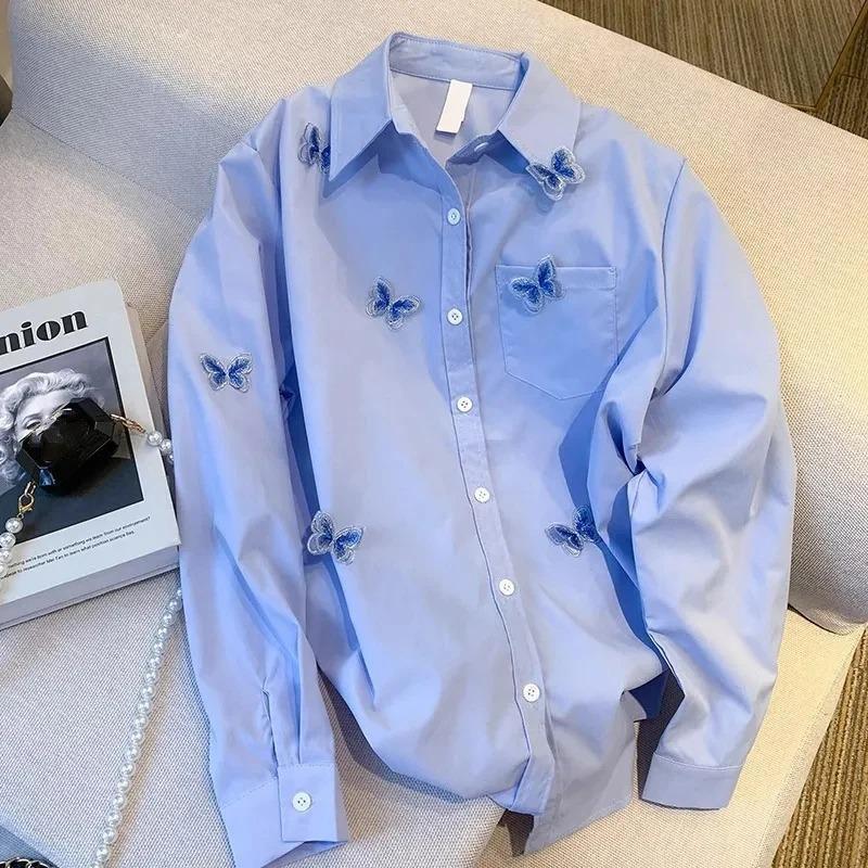 Bufferfly Retro Shirts Women Loose Casual Korean Blue Blouse Long Sleeve Sweet Female Design Elegant Spring Tops