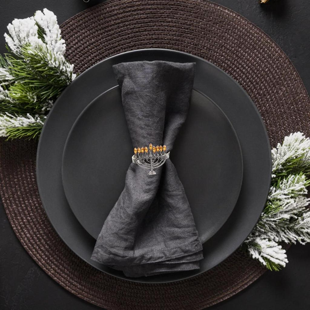 Amosfun 4pcs Menorah Napkin Rings Alloy Napkin Holders for Hanukkah Table Decorations Elegant Buckles for Holiday Dinners Parties and Special