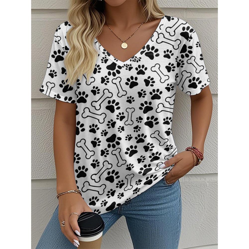 Cat Women's V-neck T-shirt Summer Outdoor Casual Short Sleeve Tops 3D Cute Cat Hand Printed OverSize Women's Clothing