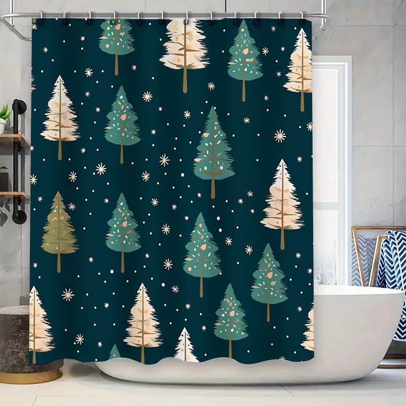 Modern Christmas Tree Shower Curtain Blue Floral Pattern with White Stars for Bathroom Decoration Waterproof Fabric Shower Panel 90x180cm