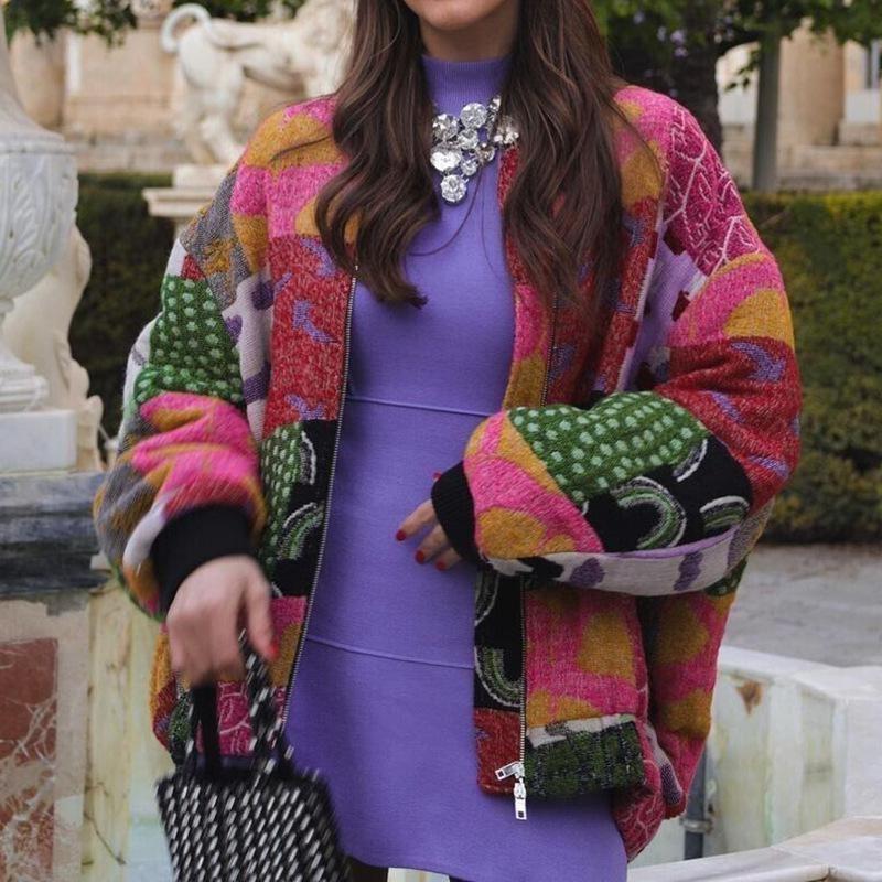 Dámske Vintage Kontrastné Farby Potlač Kabát Bunda Ležérna Voľná Dlhý Rukáv so Zipsom Geometrická Potlačená Dámska Pokrývka pre Pohodlie a Teplo