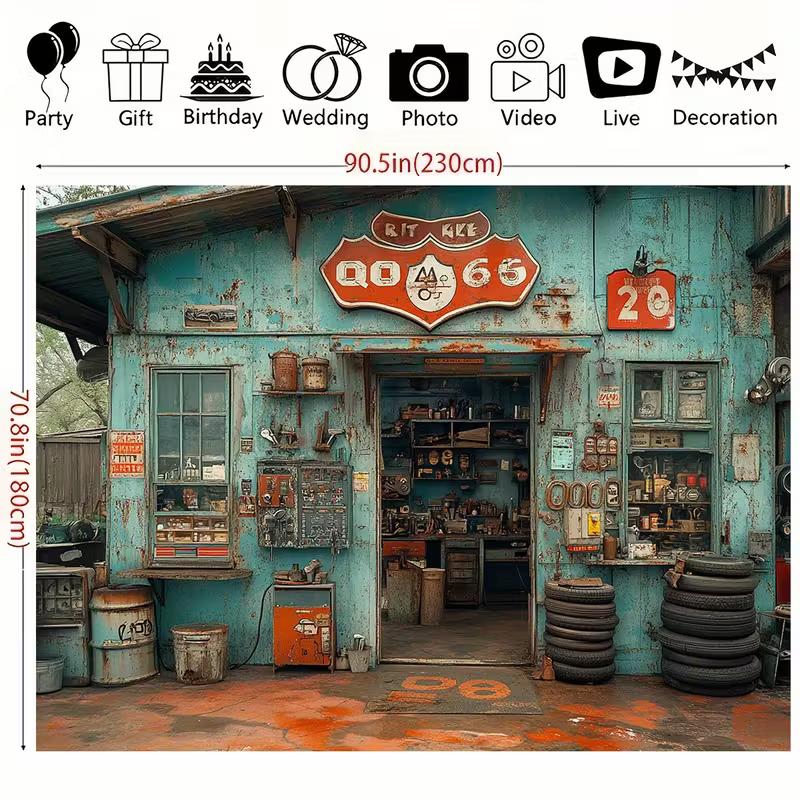 Vintage Route 66 Auto Repair Shop Backdrop Retro Gas Station Photo Booth Background