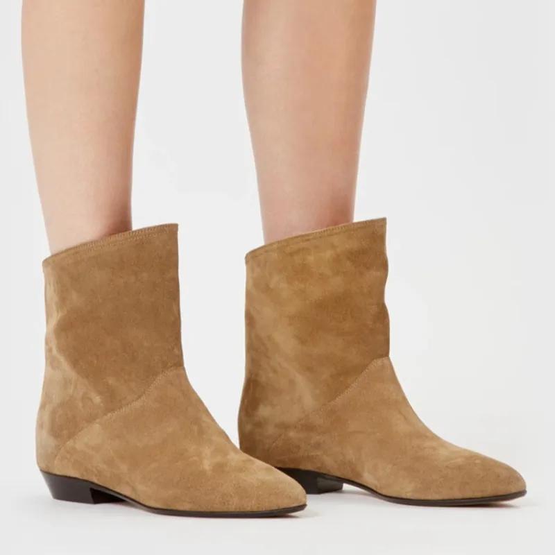 Fashion New Fashion Black Lazy Pleated Cow Suede Ankle Boots Autumn Winter Round Head Low-heel Short Plush Warm Women Boot Size 34-43