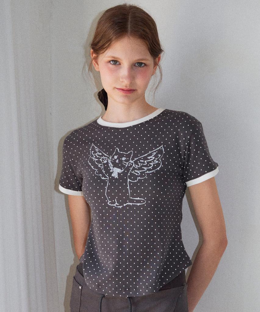Loginaenloji Angel Cat Dot Ringer T-Shirt Charcoal Gray