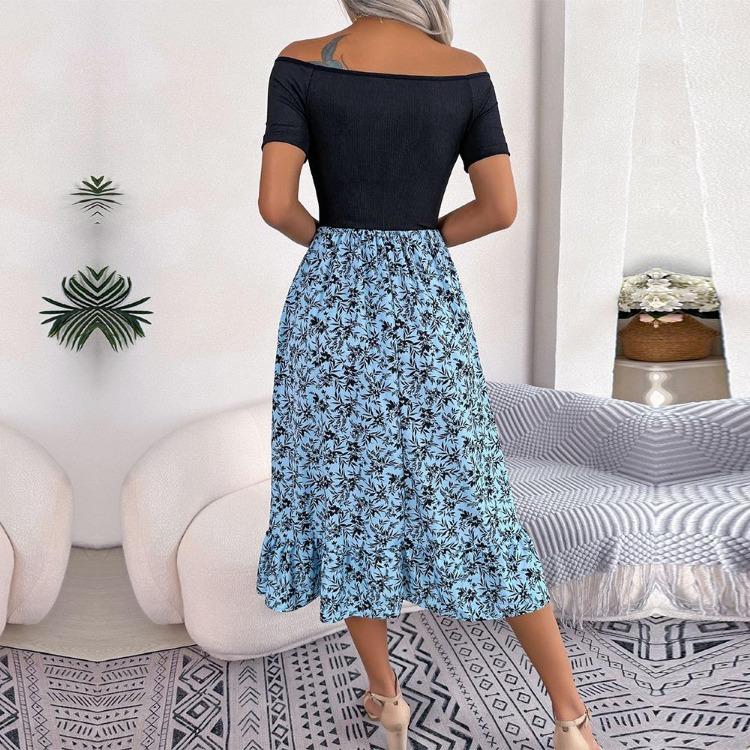 Summer Women Off Shoulder Floral Ruffled Medium Long Dress Spring